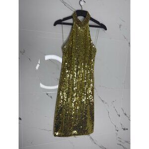 VTG Cache Gold Sequin Dress Beaded High Neck Halter Embellished Open Back Sz 4​
